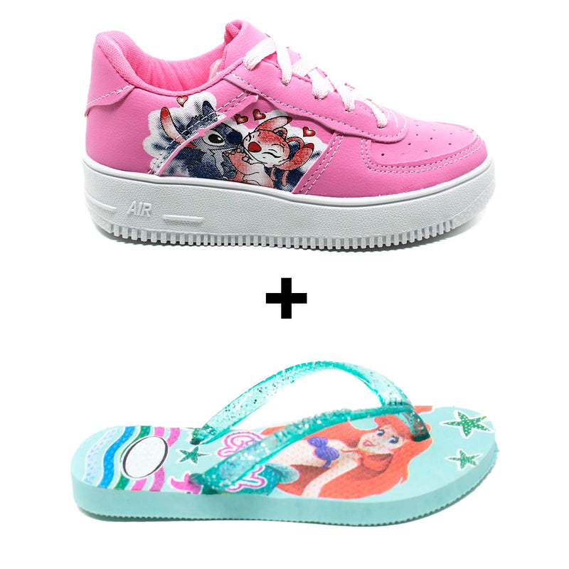 Kit Menina Tênis Infantil Stitch + Chinelo Infantil Personagens