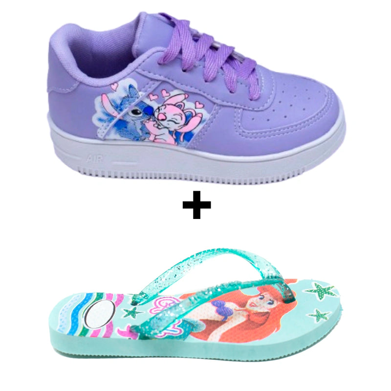 Kit Menina Tênis Infantil Stitch + Chinelo Infantil Personagens