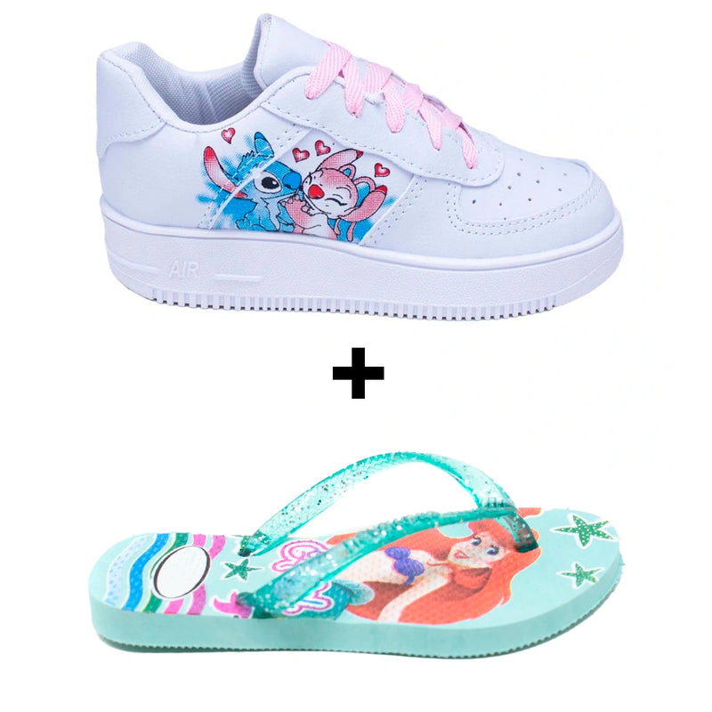 Kit Menina Tênis Infantil Stitch + Chinelo Infantil Personagens