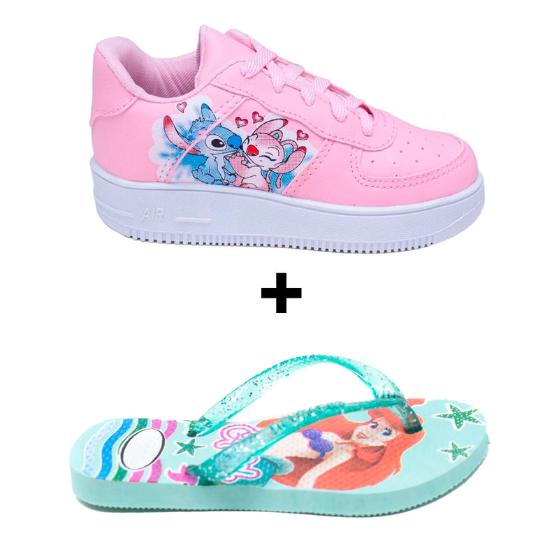 Kit Menina Tênis Infantil Stitch + Chinelo Infantil Personagens