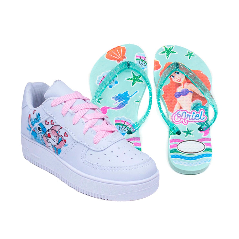 Kit Menina Tênis Infantil Stitch + Chinelo Infantil Personagens